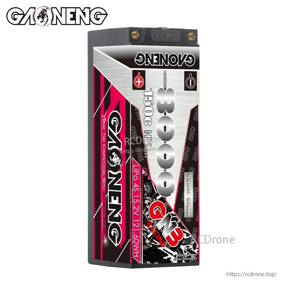 Front view of GAONENG GNB hard case battery showing 8000mAh and 150C HV 4S label