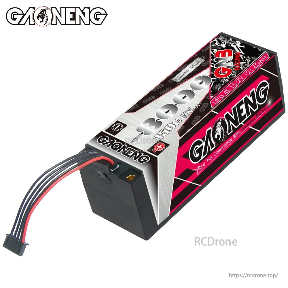Top/connector end view of hard case battery showing balance lead and main power wires exiting case