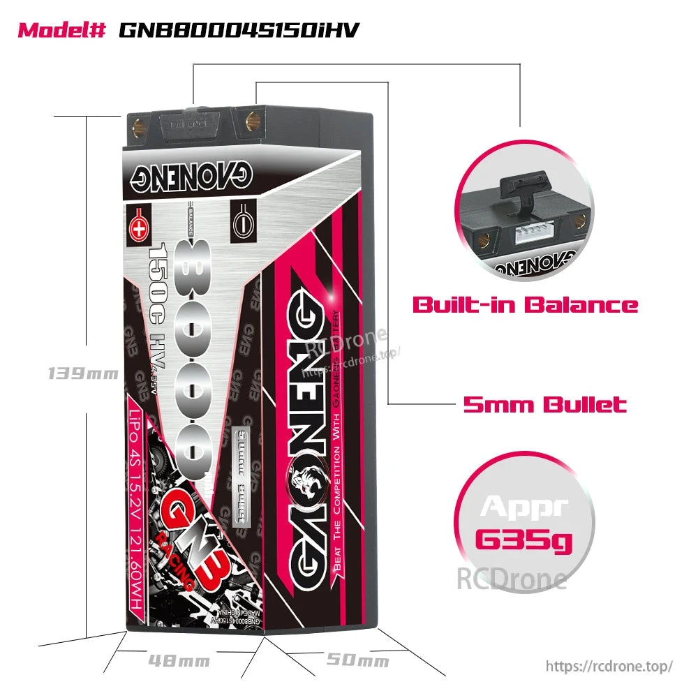 GNB80004S150iHV battery size diagram with dimensions, built-in balance port, and 5mm bullet terminals