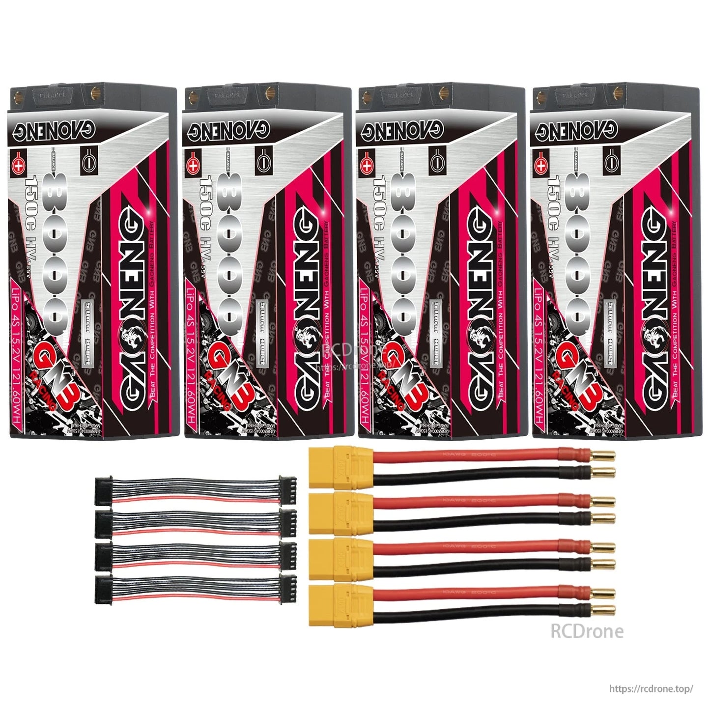 Four-pack bundle: four hard case batteries with four yellow XT90-style leads and four balance cables