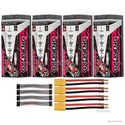 Four-pack bundle: four hard case batteries with four yellow XT90-style leads and four balance cables