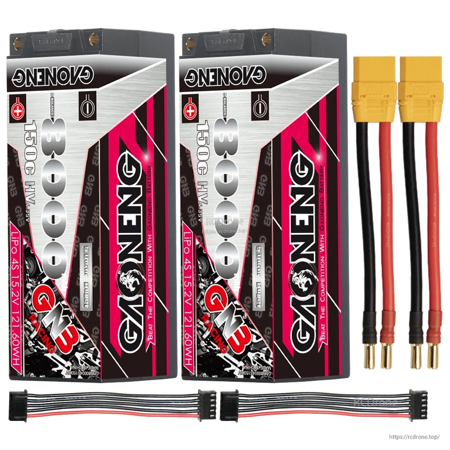 Two-pack bundle: GAONENG GNB hard case batteries with yellow XT90-style leads and two balance cables