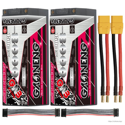 Two-pack bundle: GAONENG GNB hard case batteries with yellow XT90-style leads and two balance cables
