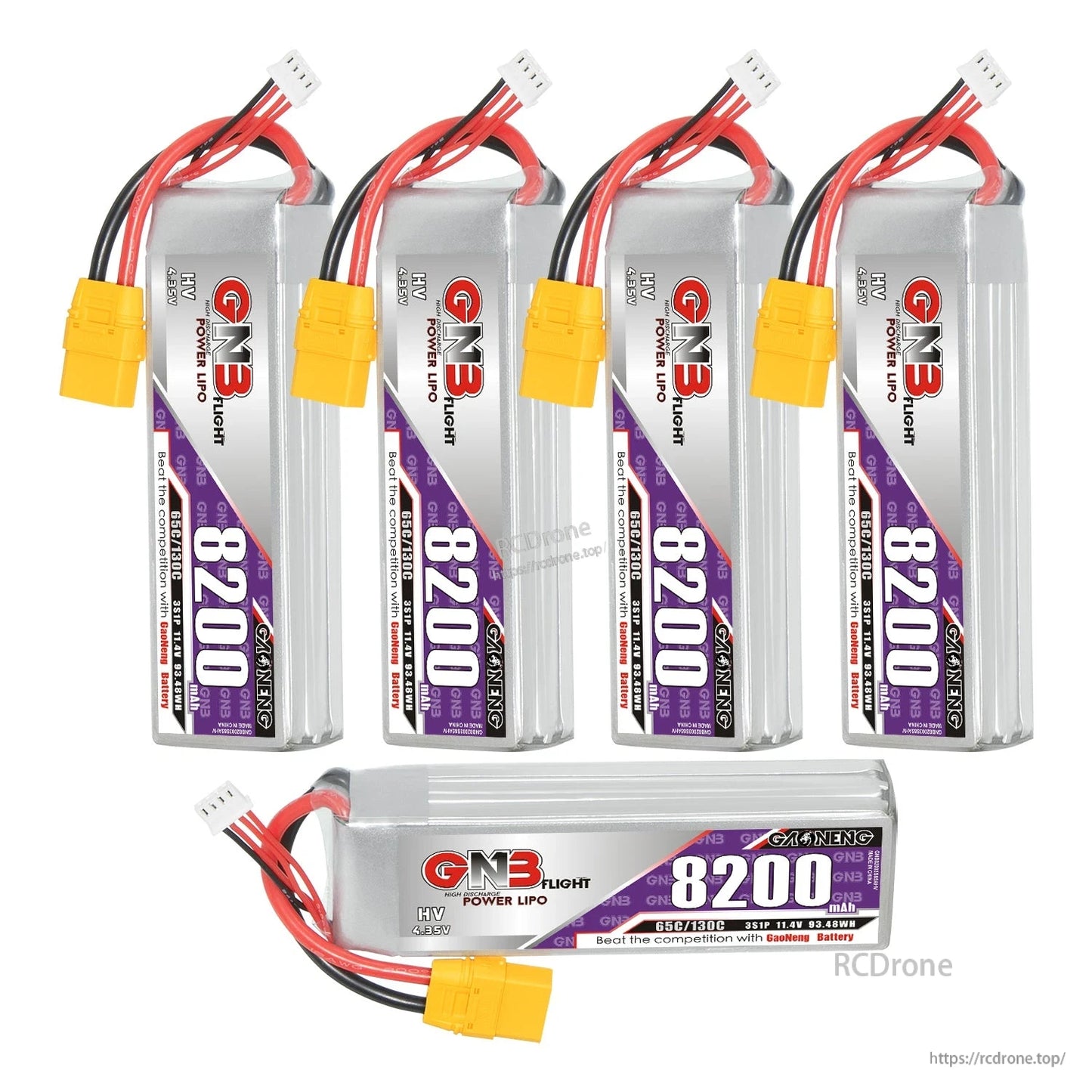 Five GNB 8200mAh HV LiPo batteries shown vertical plus one horizontal unit, bundle display