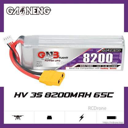 GAONENG GNB HV 3S 8200mAh 65C LiPo battery product graphic with connector and branding
