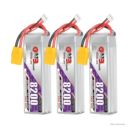 Three GAONENG GNB 8200mAh HV LiPo batteries with XT90 connectors, multi-pack display