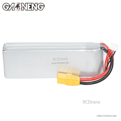 Side view of GAONENG GNB LiPo battery showing smooth case and XT90 lead wires