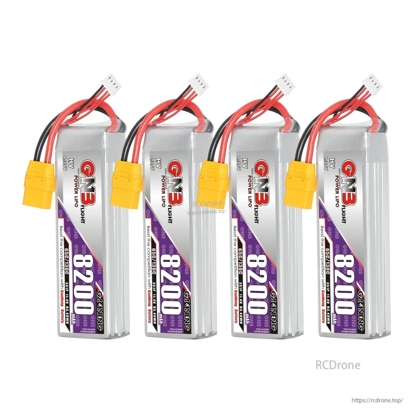 Four GNB 8200mAh HV LiPo batteries lined up, each with XT90 connector and balance plug