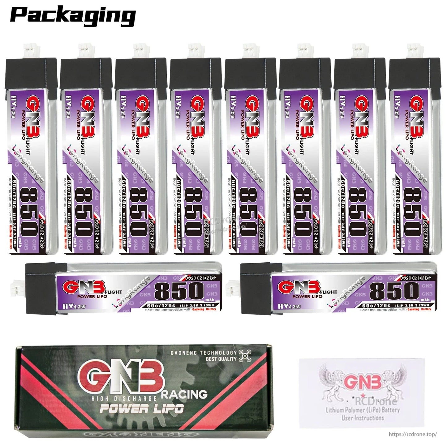 Large packaging display with multiple GNB 850 batteries shown upright and sideways, plus box and manual