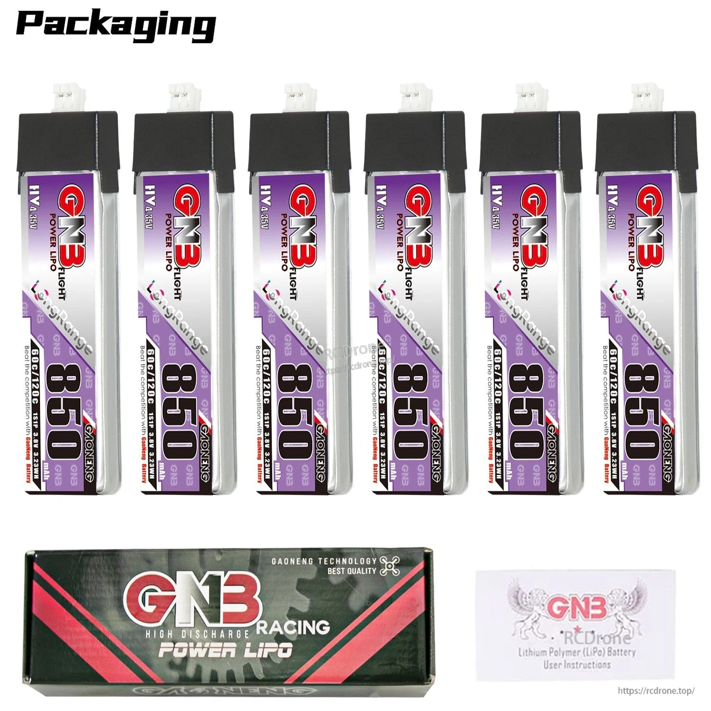 Packaging set showing 6x GNB 850 batteries with GN3 Racing Power LiPo box and instructions