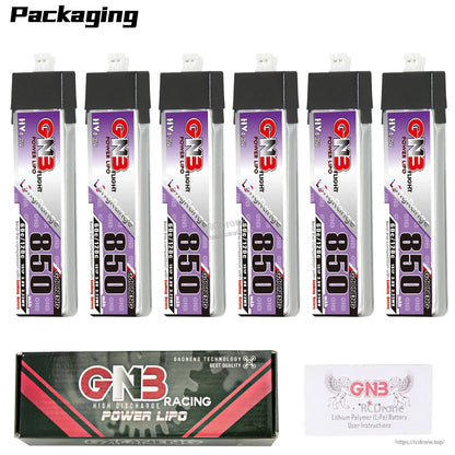 Packaging set showing 6x GNB 850 batteries with GN3 Racing Power LiPo box and instructions