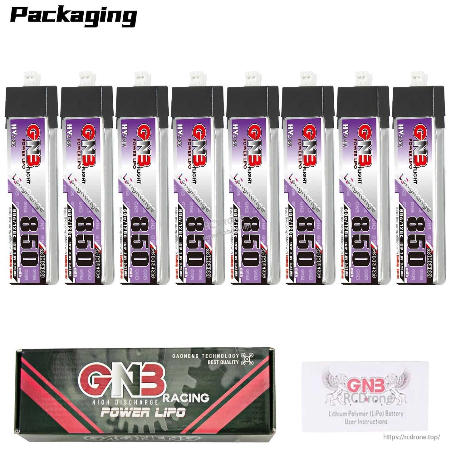 Packaging set showing 8x GNB 850 batteries with GN3 Racing Power LiPo box and instructions