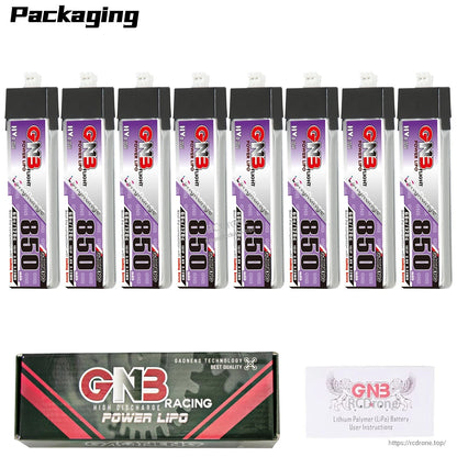 Packaging set showing 8x GNB 850 batteries with GN3 Racing Power LiPo box and instructions