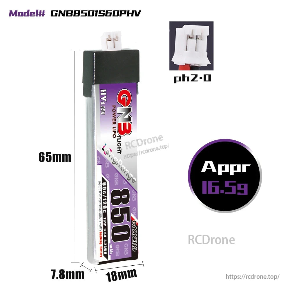 GNB8501S60PHV battery dimensions 65 x 18 x 7.8mm, PH2.0 plug close-up and approx 16.5g weight