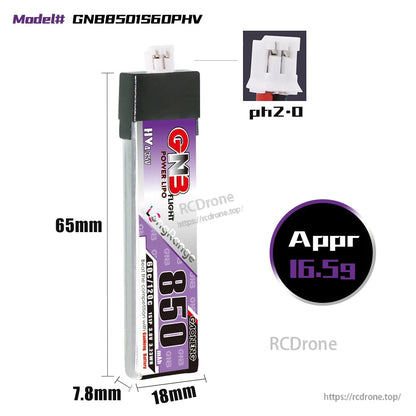 GNB8501S60PHV battery dimensions 65 x 18 x 7.8mm, PH2.0 plug close-up and approx 16.5g weight