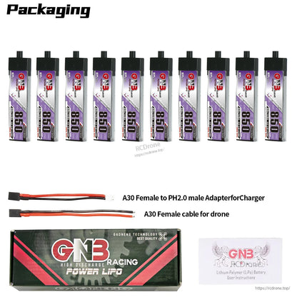 Package contents: 10 batteries plus A30 to PH2.0 adapter lead, A30 female cable, GNB retail box