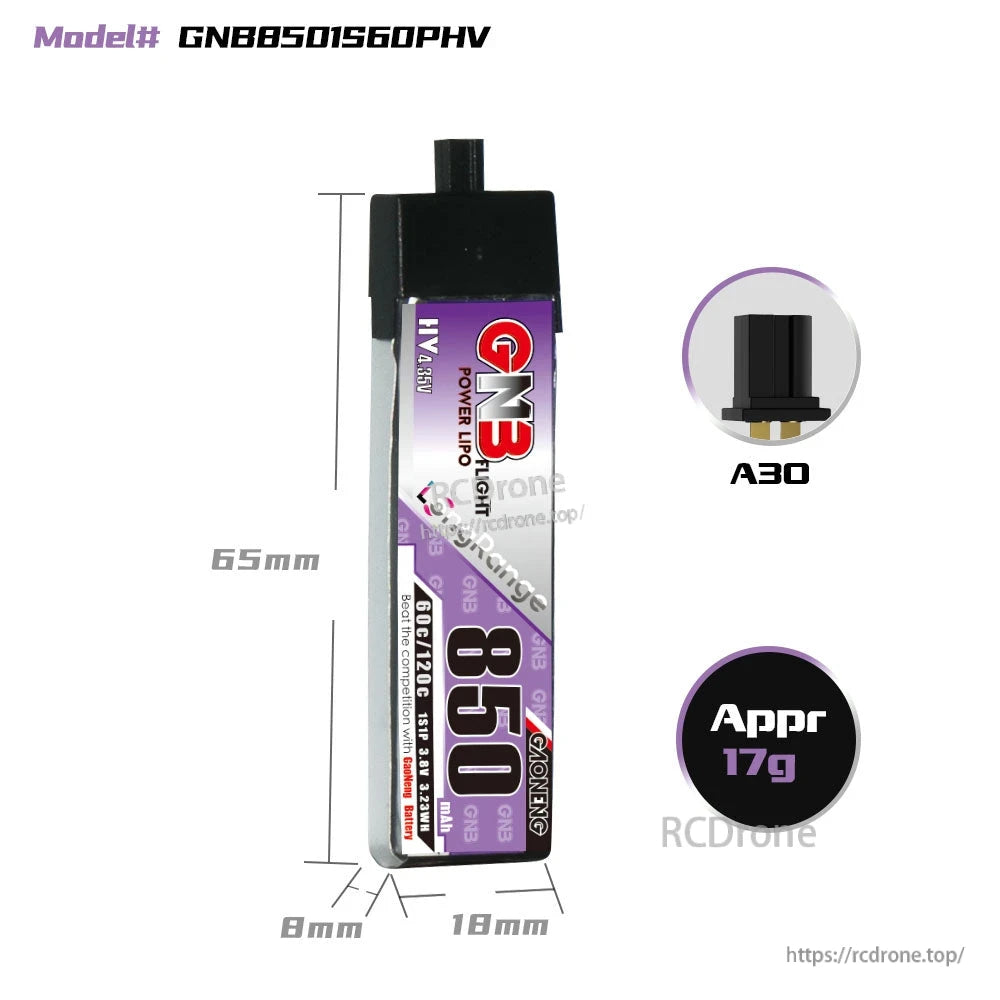 GNB8501S60PHV size chart showing 65mm length, 18mm width, A30 connector, approx. 17g