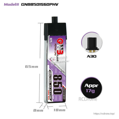 GNB8501S60PHV size chart showing 65mm length, 18mm width, A30 connector, approx. 17g