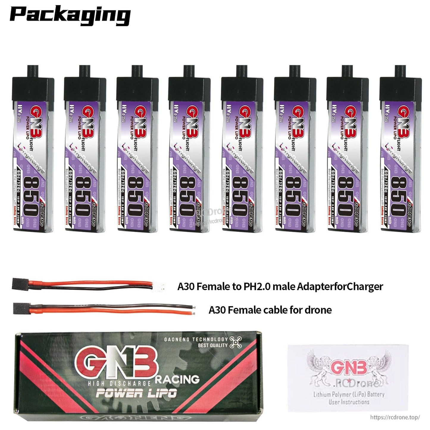 Package contents: 9 batteries plus A30 to PH2.0 adapter lead, A30 female cable, GNB box