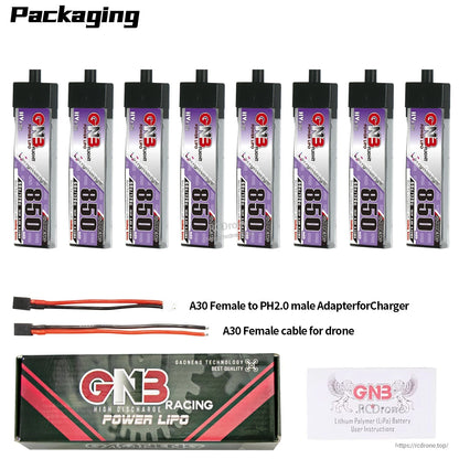 Package contents: 9 batteries plus A30 to PH2.0 adapter lead, A30 female cable, GNB box