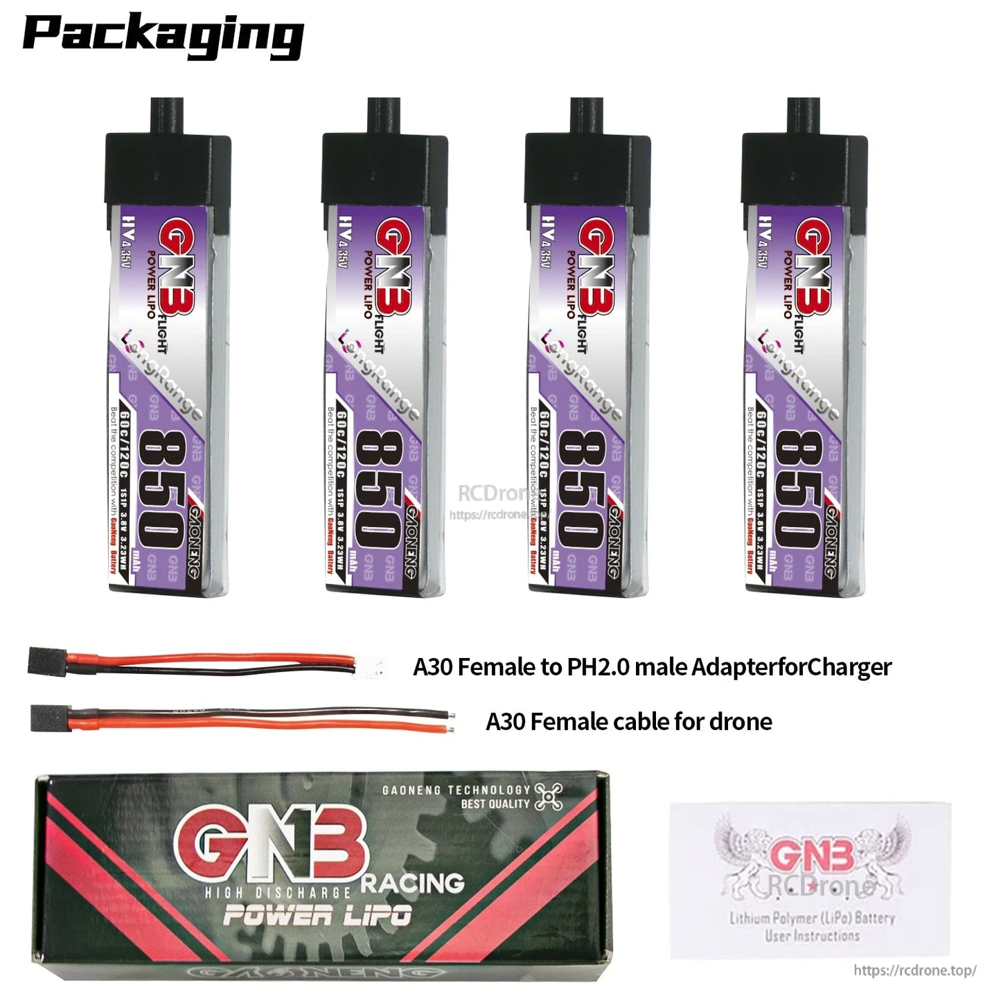 Package contents: 4 batteries, A30 female to PH2.0 male adapter lead, A30 female cable, GNB box