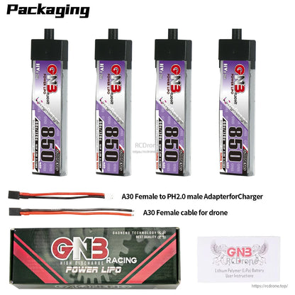 Package contents: 4 batteries, A30 female to PH2.0 male adapter lead, A30 female cable, GNB box