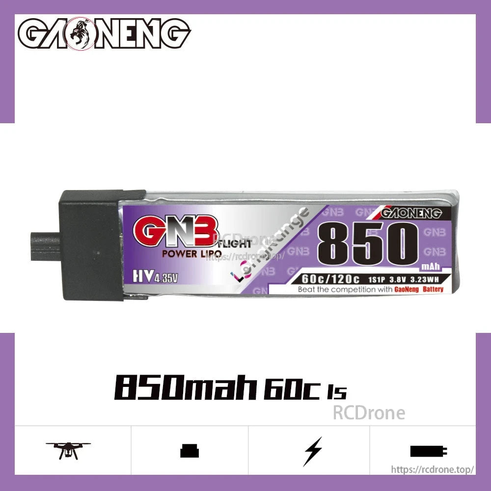 GAONENG GNB8501S60PHV LiHV LiPo Battery side label showing 850mAh and 60C/120C rating