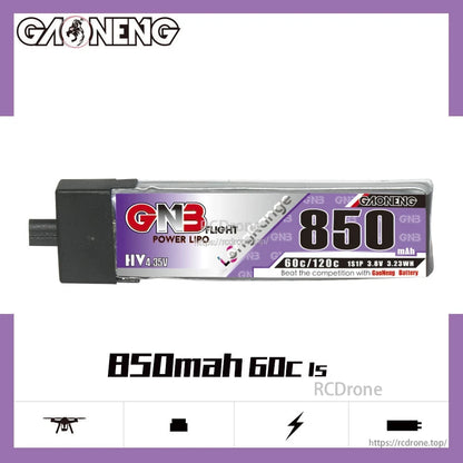 GAONENG GNB8501S60PHV LiHV LiPo Battery side label showing 850mAh and 60C/120C rating
