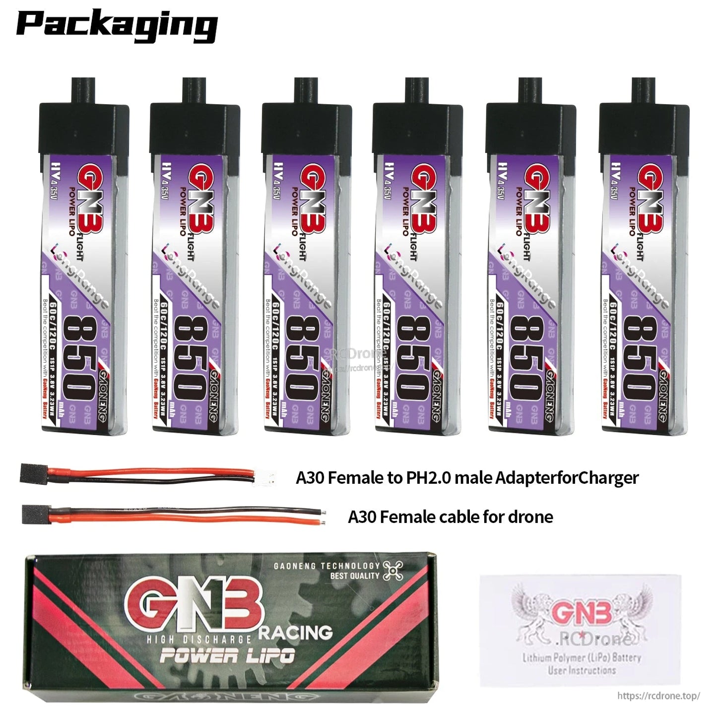 Package contents: 6 batteries plus A30 to PH2.0 adapter lead, A30 female cable, GNB retail box