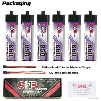 Package contents: 6 batteries plus A30 to PH2.0 adapter lead, A30 female cable, GNB retail box