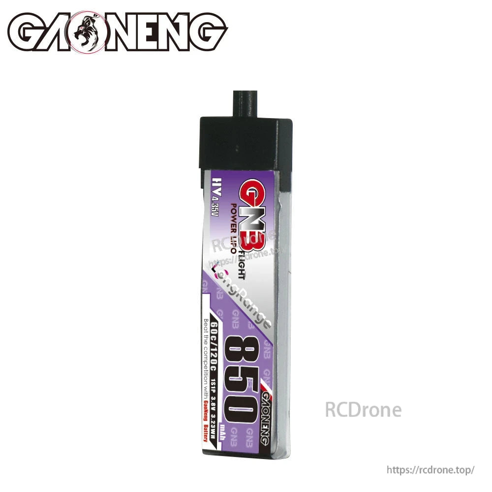 Front view of GNB 850mAh 1S HV LiPo battery, upright with A30 connector on top