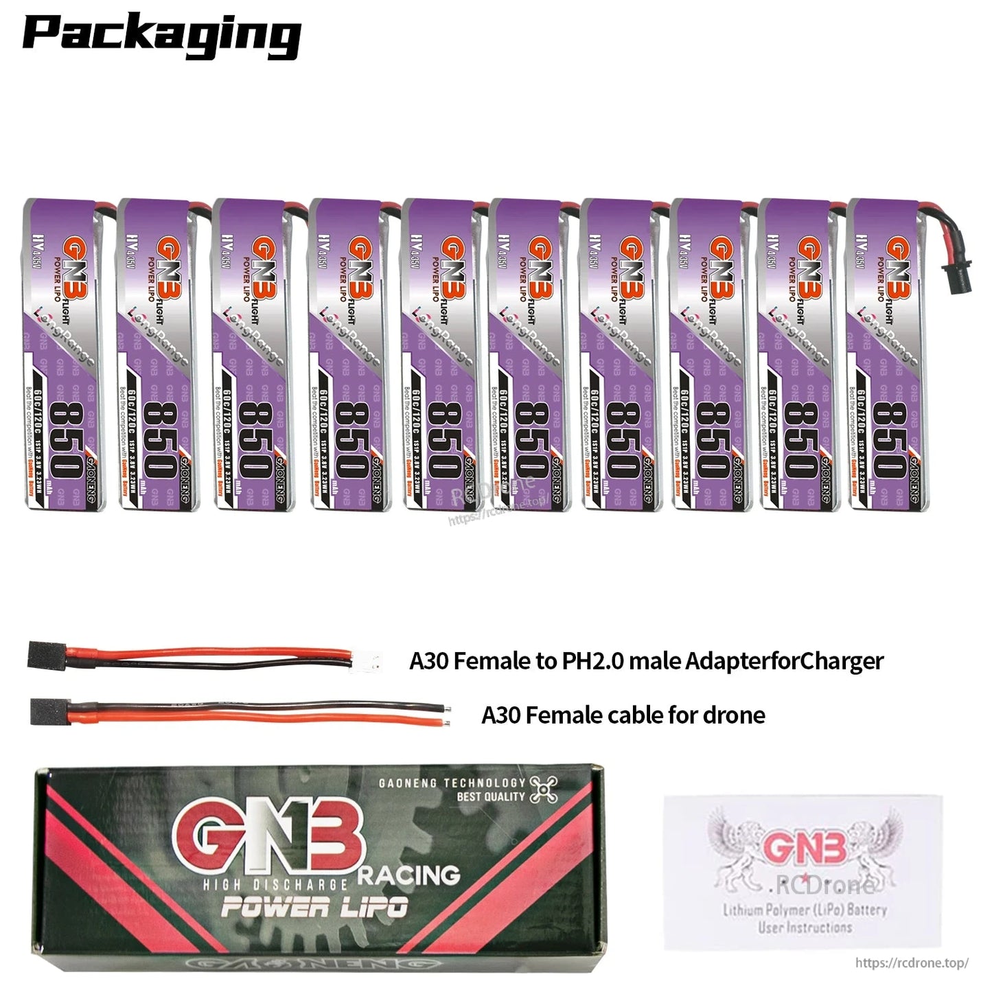 Packaging contents: 10 batteries plus A30 female to PH2.0 adapter, A30 female cable, box