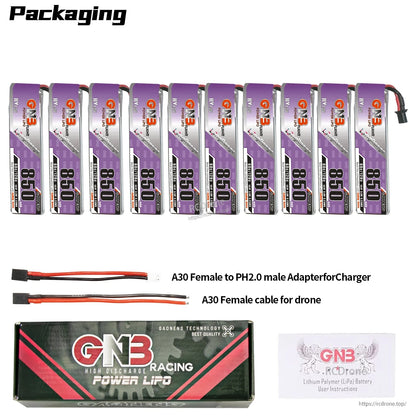 Packaging contents: 10 batteries plus A30 female to PH2.0 adapter, A30 female cable, box