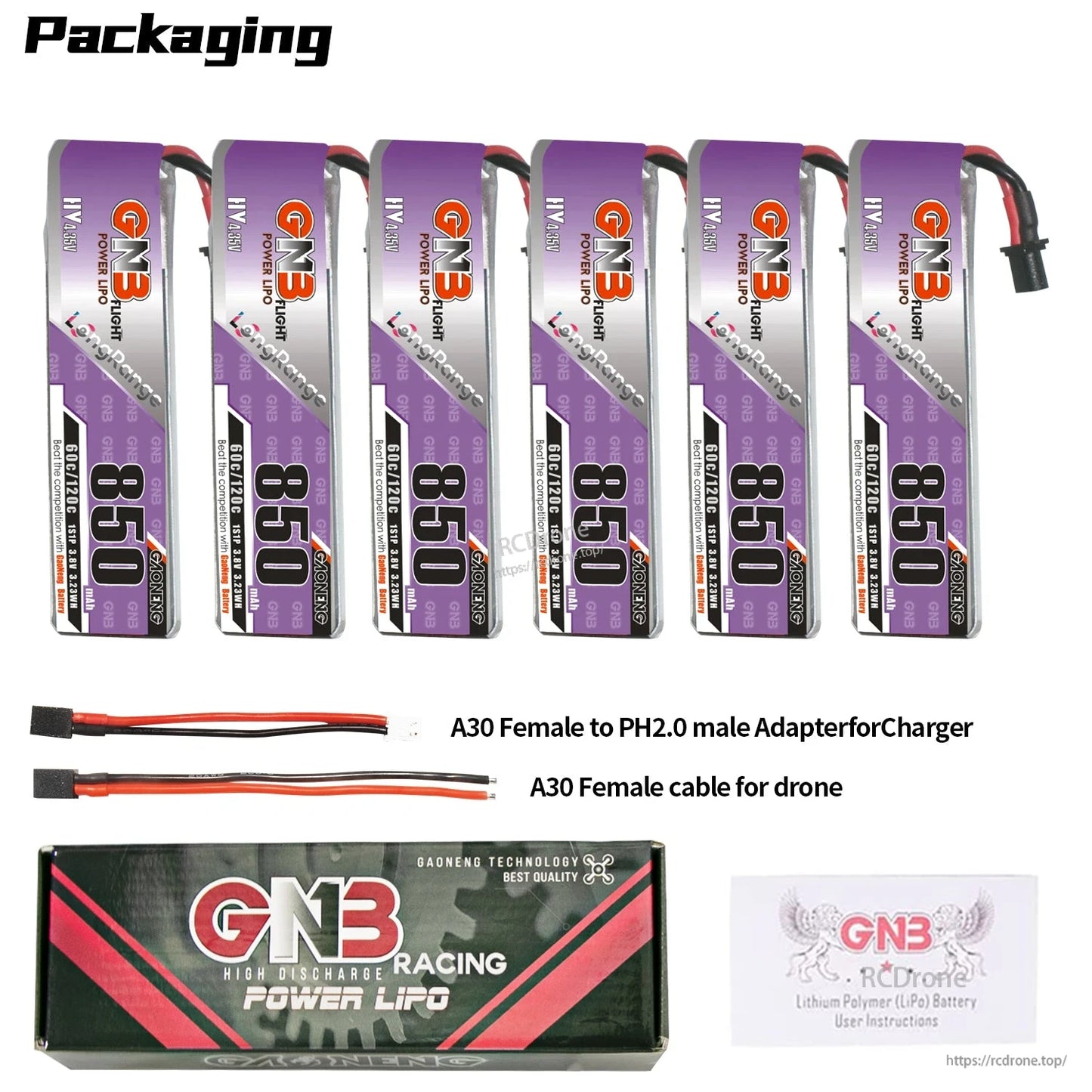 Packaging contents: 6 batteries plus A30 female to PH2.0 adapter, A30 female cable, box