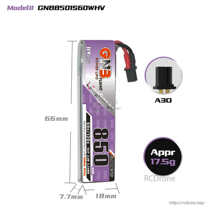 GNB8501S60WHV battery size diagram with A30 connector callout and approx 17.5g weight