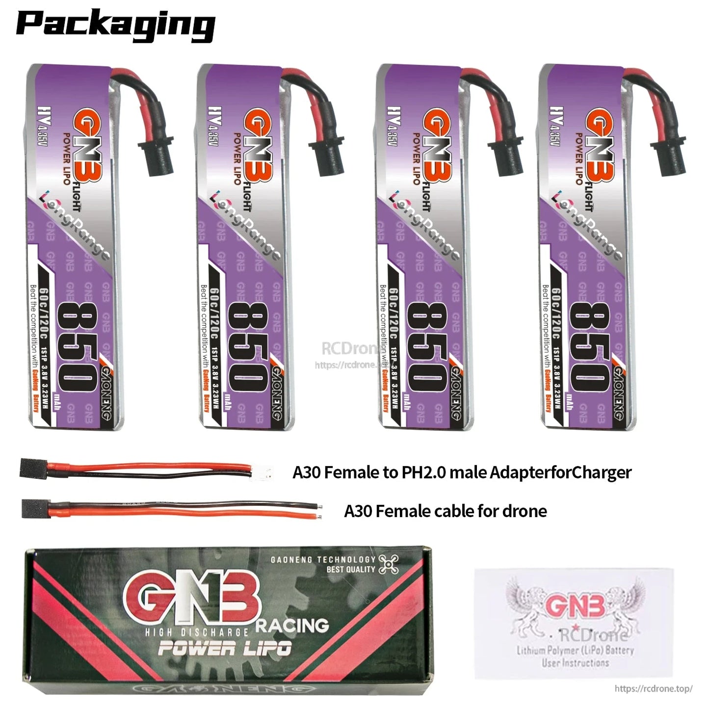 Packaging contents: 4 batteries, A30 female to PH2.0 male adapter, A30 female cable, box