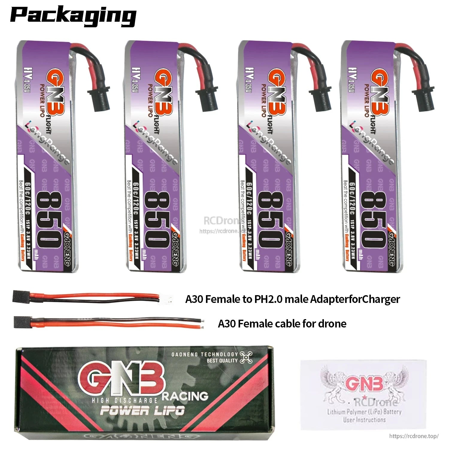 Packaging contents: 4 batteries, A30 female to PH2.0 male adapter, A30 female cable, box