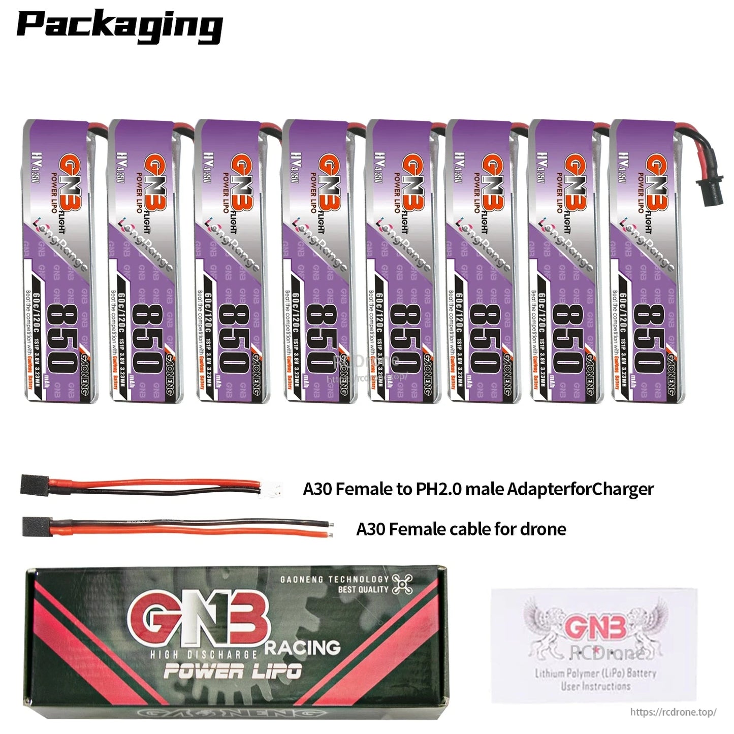 Packaging contents: 8 batteries with A30 female to PH2.0 adapter, A30 female cable, box