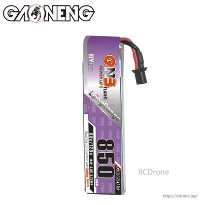 Single GAONENG GNB 850mAh LiHV battery front view with A30 cable and purple label