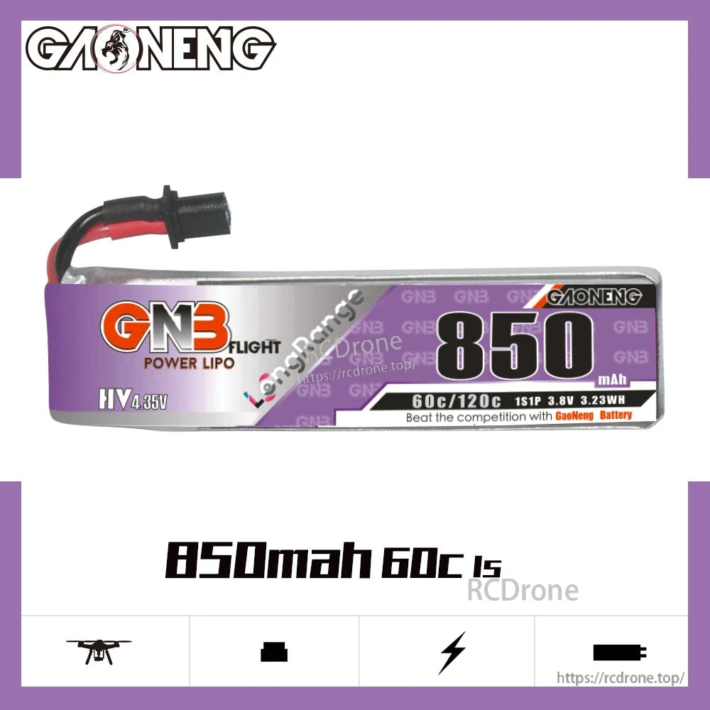 GAONENG GNB850 1S LiHV 850mAh 60C battery, side label view with A30 lead