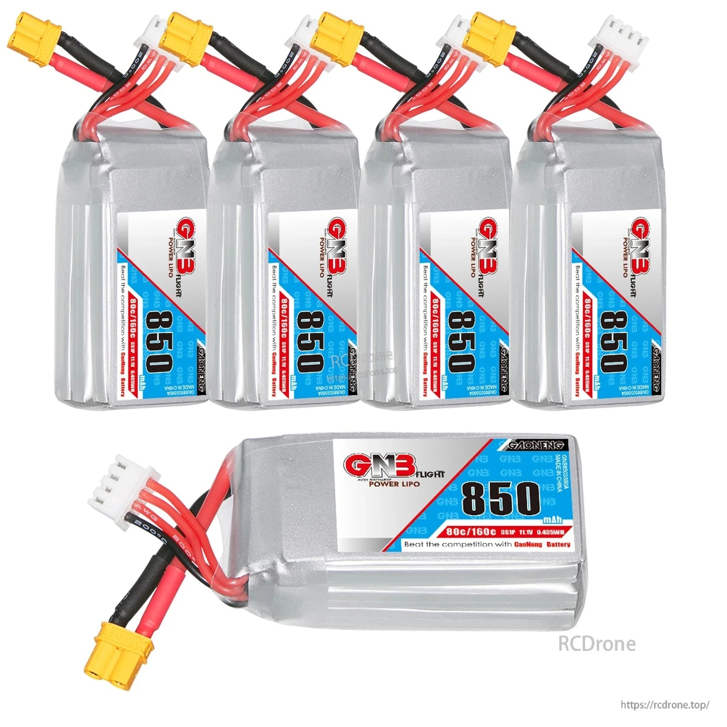 Bundle image showing four upright GNB 850mAh packs plus one battery in side view with label
