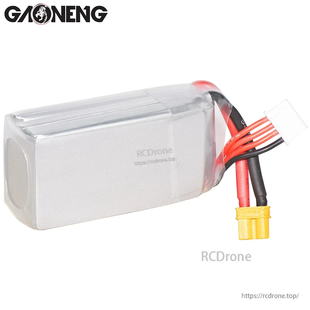 Rear/blank side view of LiPo pack showing end cap and wire exit with XT30 and balance lead