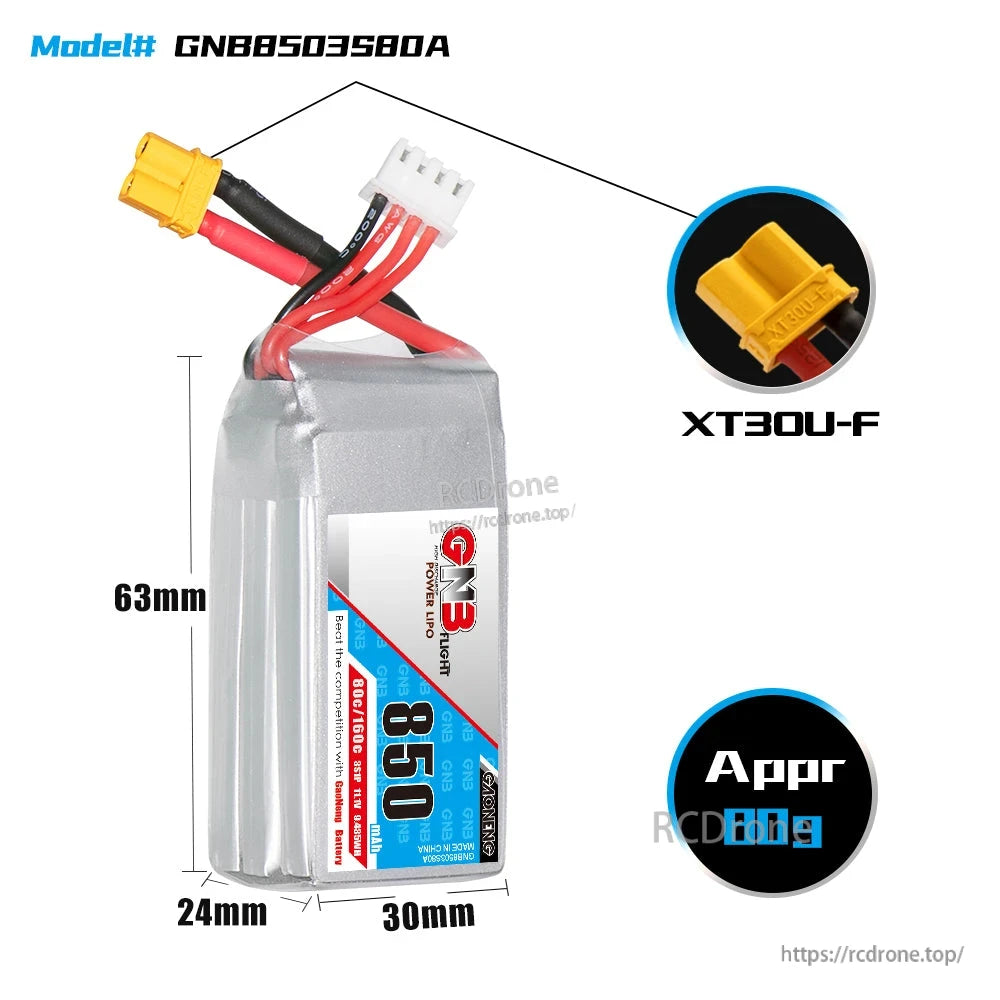 GNB8503S80A battery dimensions diagram (63×30×24mm) with XT30U-F connector close-up