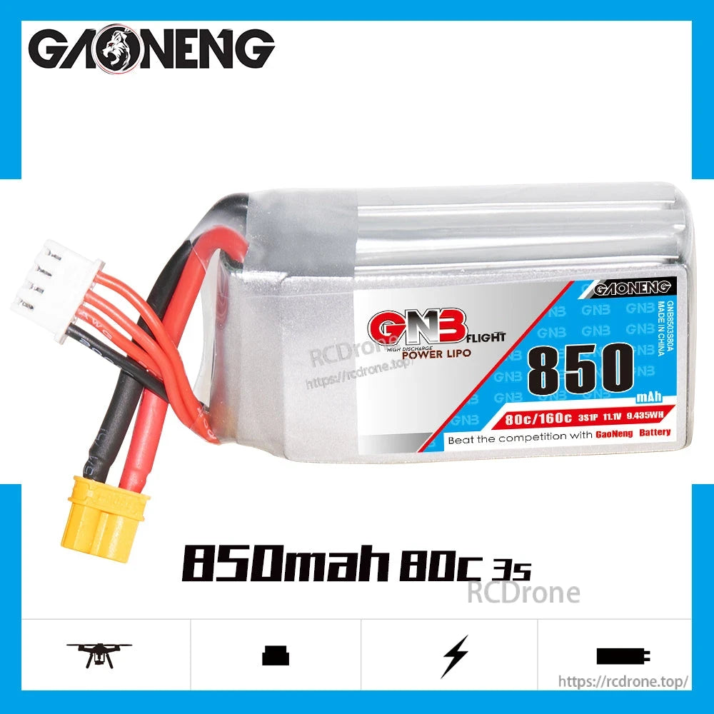Side profile of GAONENG GNB 850mAh 80C 3S LiPo battery showing full label and wires