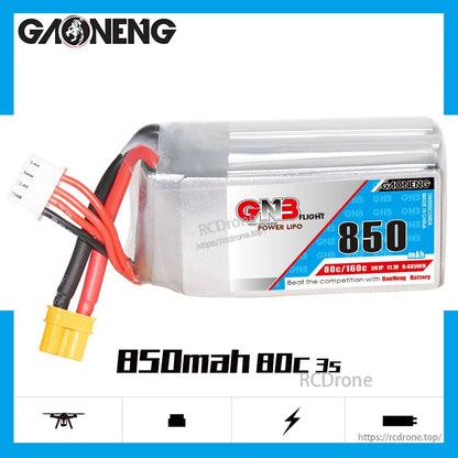Side profile of GAONENG GNB 850mAh 80C 3S LiPo battery showing full label and wires