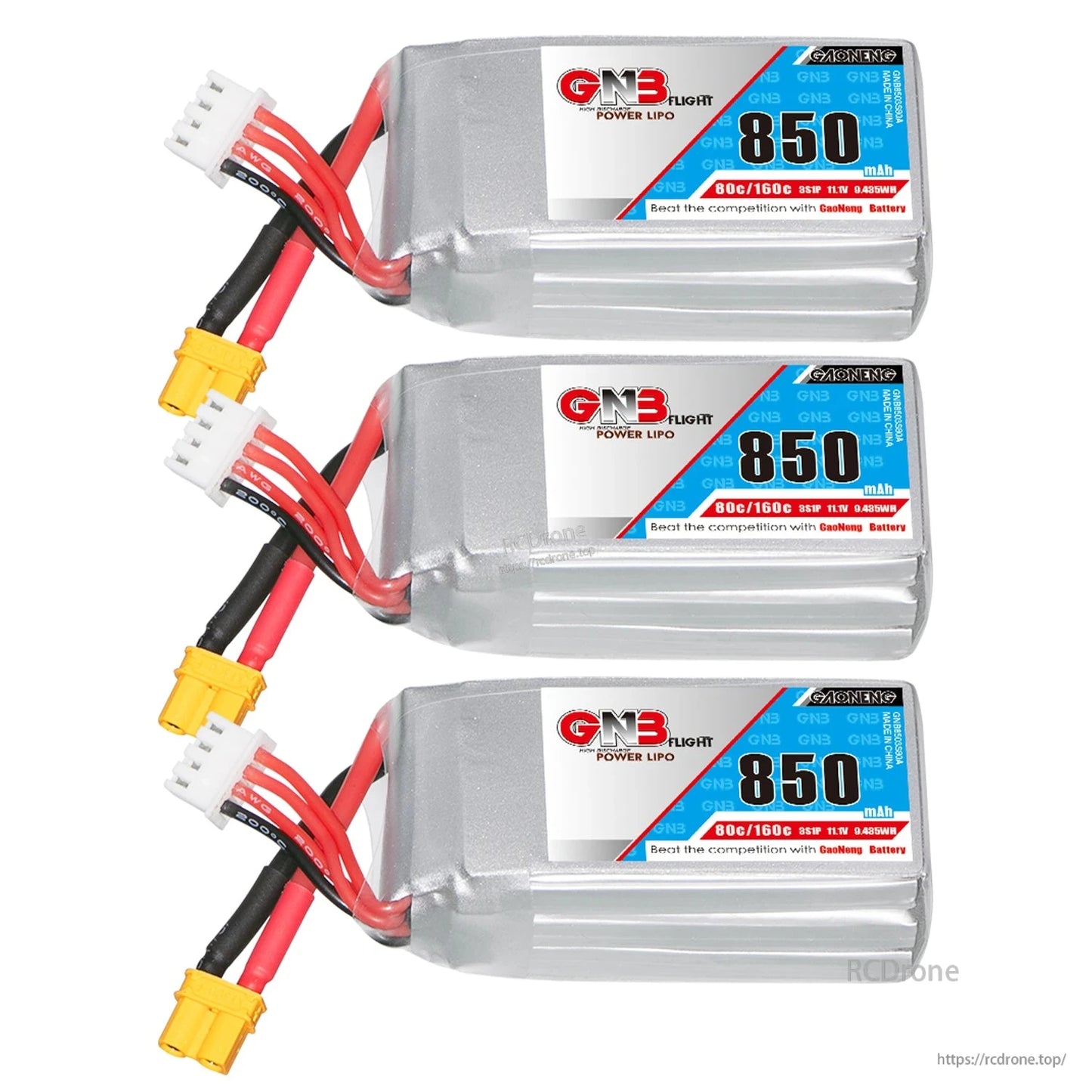 Three GNB 850mAh 3S LiPo batteries stacked, showing labels and XT30 leads