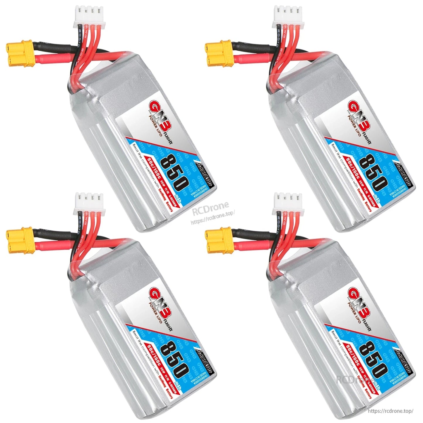 Four GNB 850mAh LiPo batteries shown in a set, each with XT30 plug and balance connector
