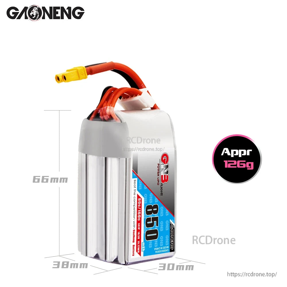 GNB850 5S battery size and weight graphic: 66×38×30 mm, approx 126 g