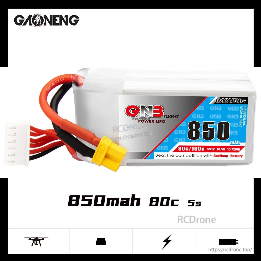 GAONENG GNB8505S80A 5S 18.5V 850mAh 80C LiPo battery label and XT30 lead close view