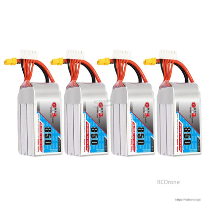 Four GNB850 5S LiPo batteries lineup, each with XT30 plug and balance connector
